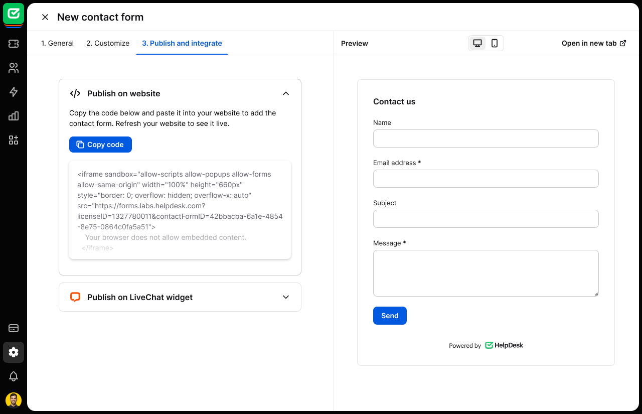 Dedicated installation code and instructions for the contact form.