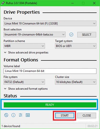 In Rufus, select the device like a USB flash device, Now click on the select button in boot selection and select the downloaded ISO file. Click on the start button to start flashing.