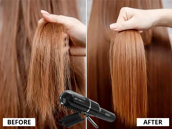 Before and after photo showing smoother, healthier ends after using a split end trimmer at home.