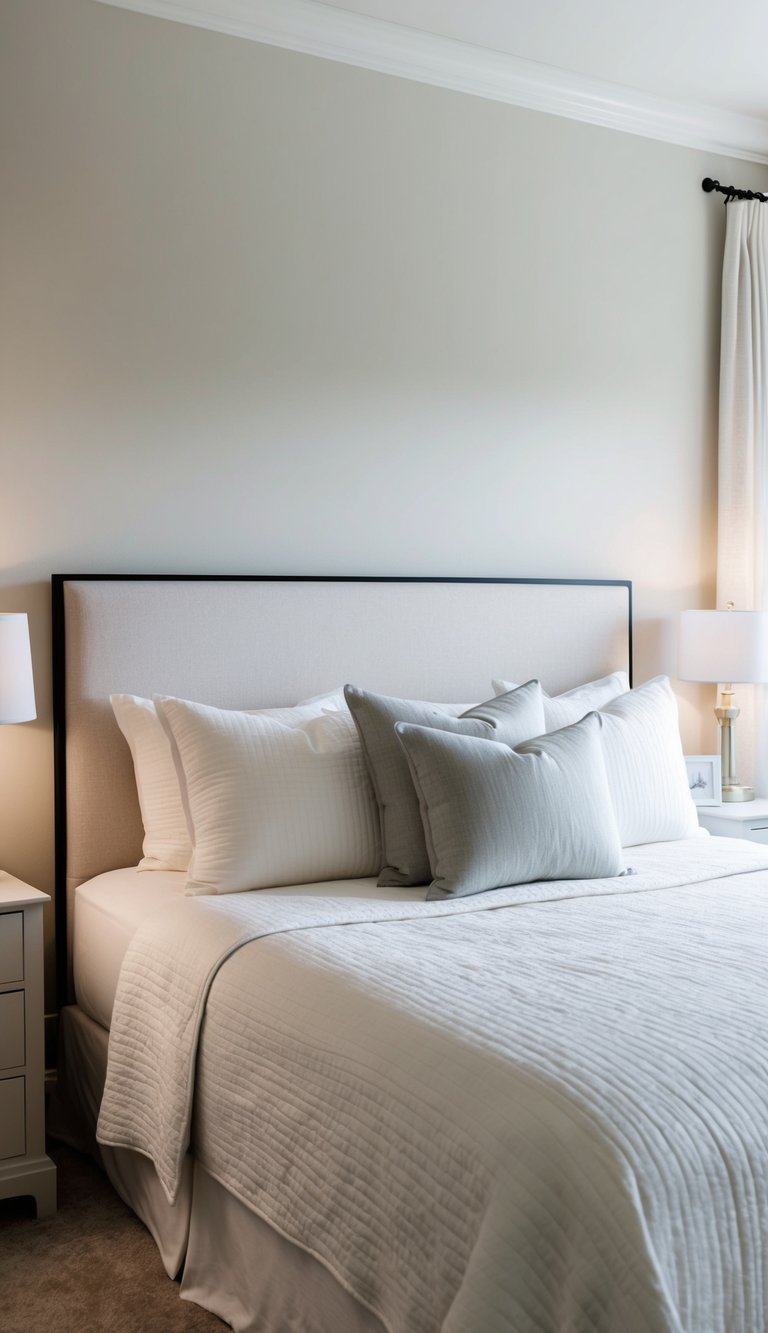 A simple, clean-lined headboard in a serene guest bedroom with neutral tones and soft lighting