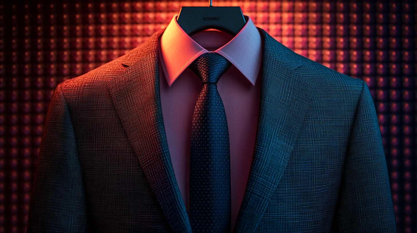 A stylish black suit jacket with a warm pink dress shirt and a dark navy or charcoal tie, neatly hung on a hanger. The soft pink adds a touch of personality, while the darker tie keeps the look refined. Soft lighting enhances the contrast and fabric details. Ultra-detailed, 8K resolution.