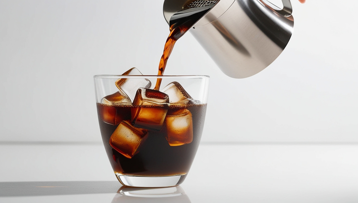 Cold brew coffee being poured into a glass filled with ice cubes, showcasing a refreshing iced coffee. Ideal visual for illustrating How to Make Iced Coffee With Keurig or similar iced coffee preparation methods.