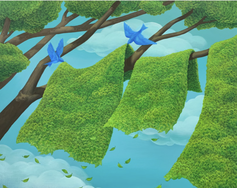 This peaceful environmental art piece by Mulgil Kim, Green Blanket, shows bluebirds hanging blankets of leaves over tree branches.