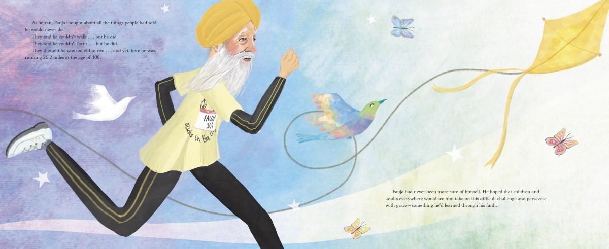 An interior snapshot from Fauja Singh Keeps Going. It shows a colorful illustration of mostly cool toned colors. The illustration shows a running Fauja Singh wearing a dark yellow turban, light yellow marathon shirt, black jogging pants with 3 yellow stripes on the sides and a black, long-sleeved undershirt. There is a yellow kite flying on to the right, a colorful bird and three butterflies. 