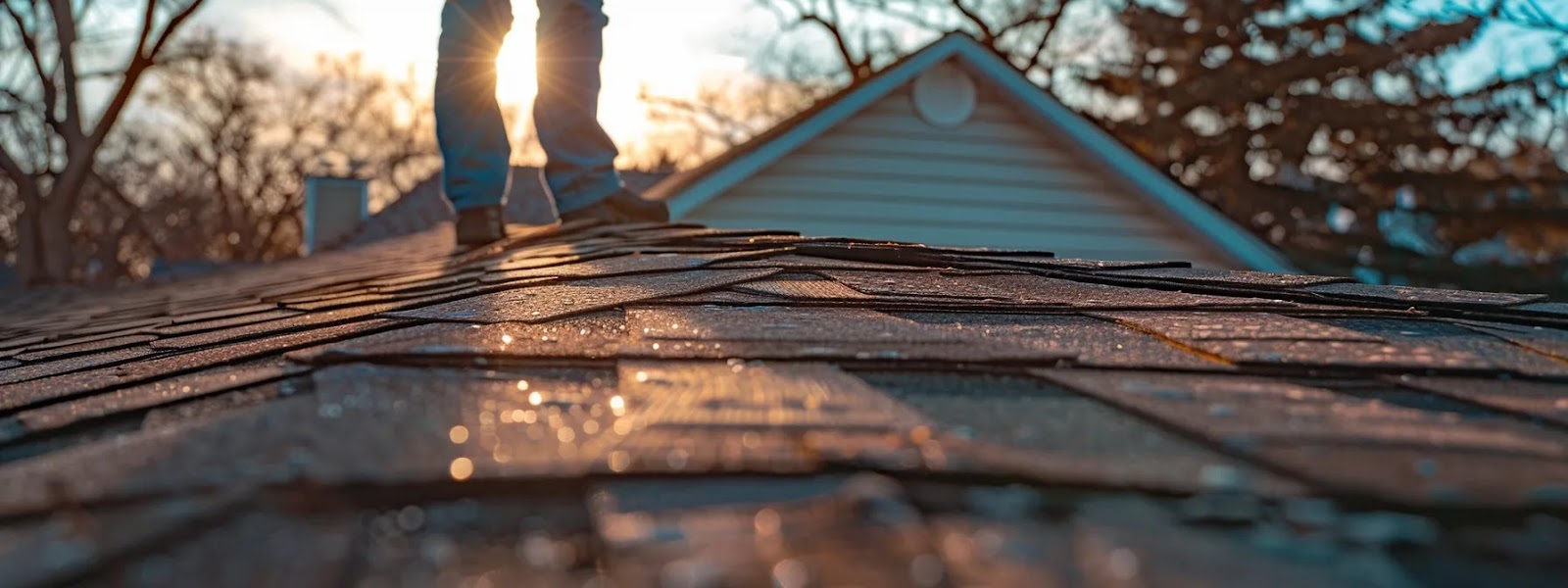 a person observing their roof from the ground, looking for signs of water damage and missing shingles.