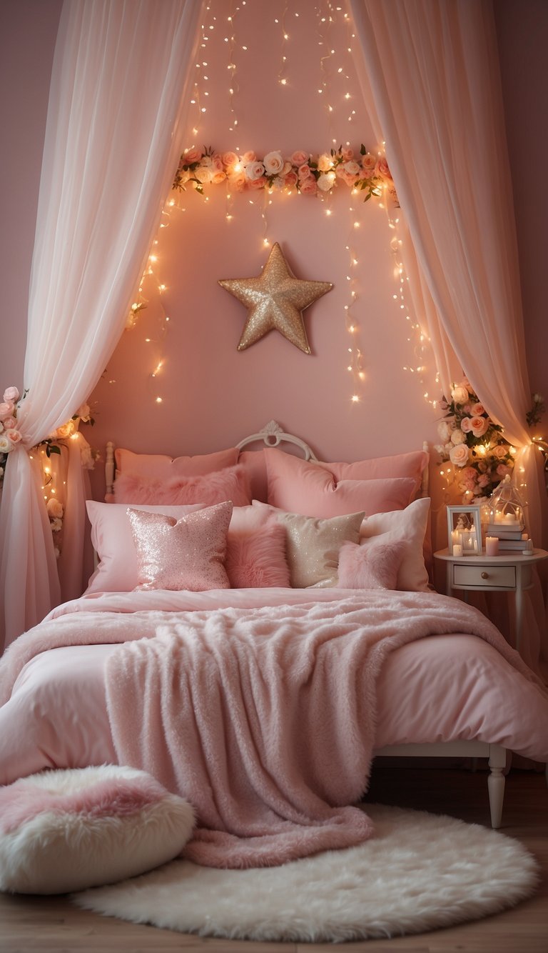 A cozy princess bedroom with unicorn throw pillows scattered on a pink canopy bed, surrounded by fairy lights and glittering decor