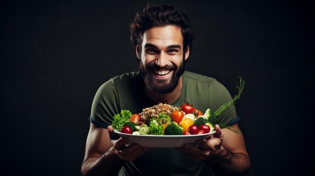 smiling men face with a plate of fruits