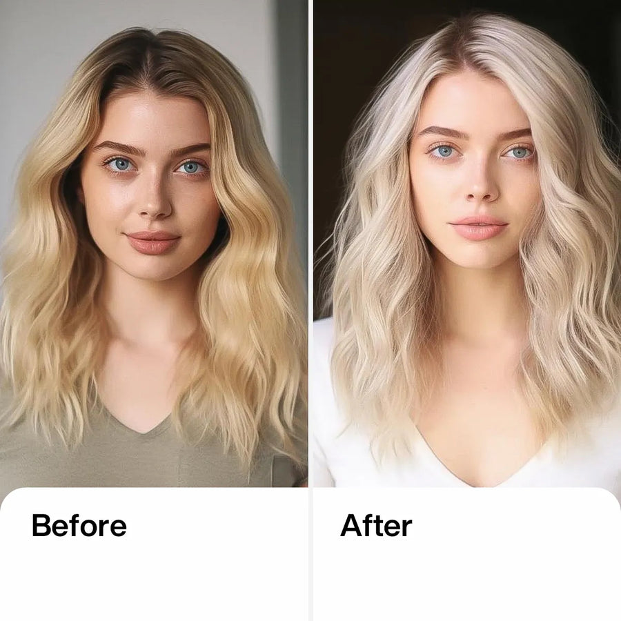 A picture of a lady before and after use of purple shampoo