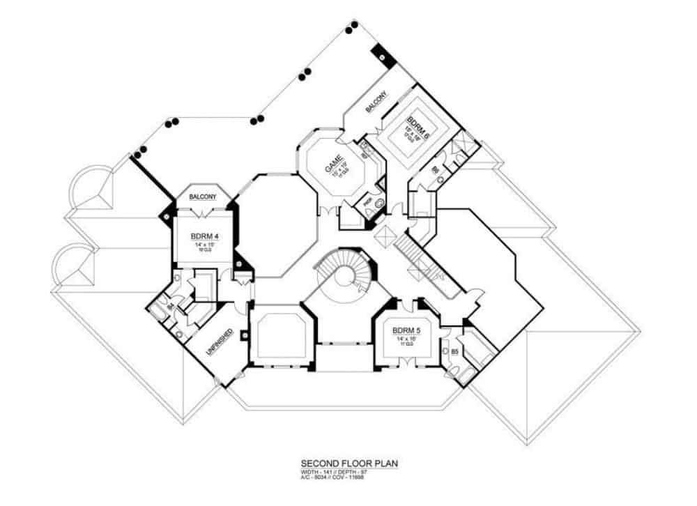 Second level floor plan with three bedrooms and a game room complete with a wet bar and balcony.