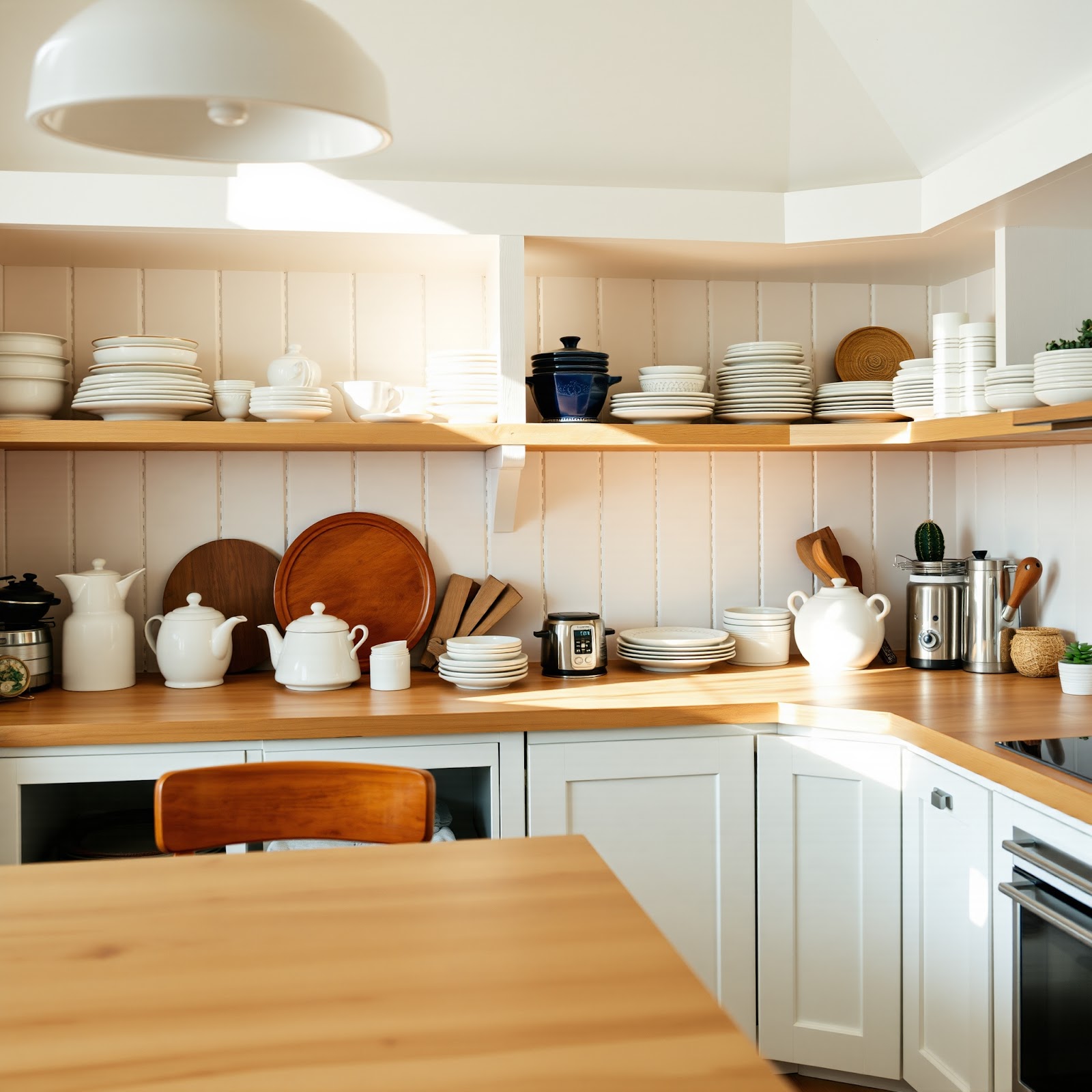 Cottage kitchen with open shelving display