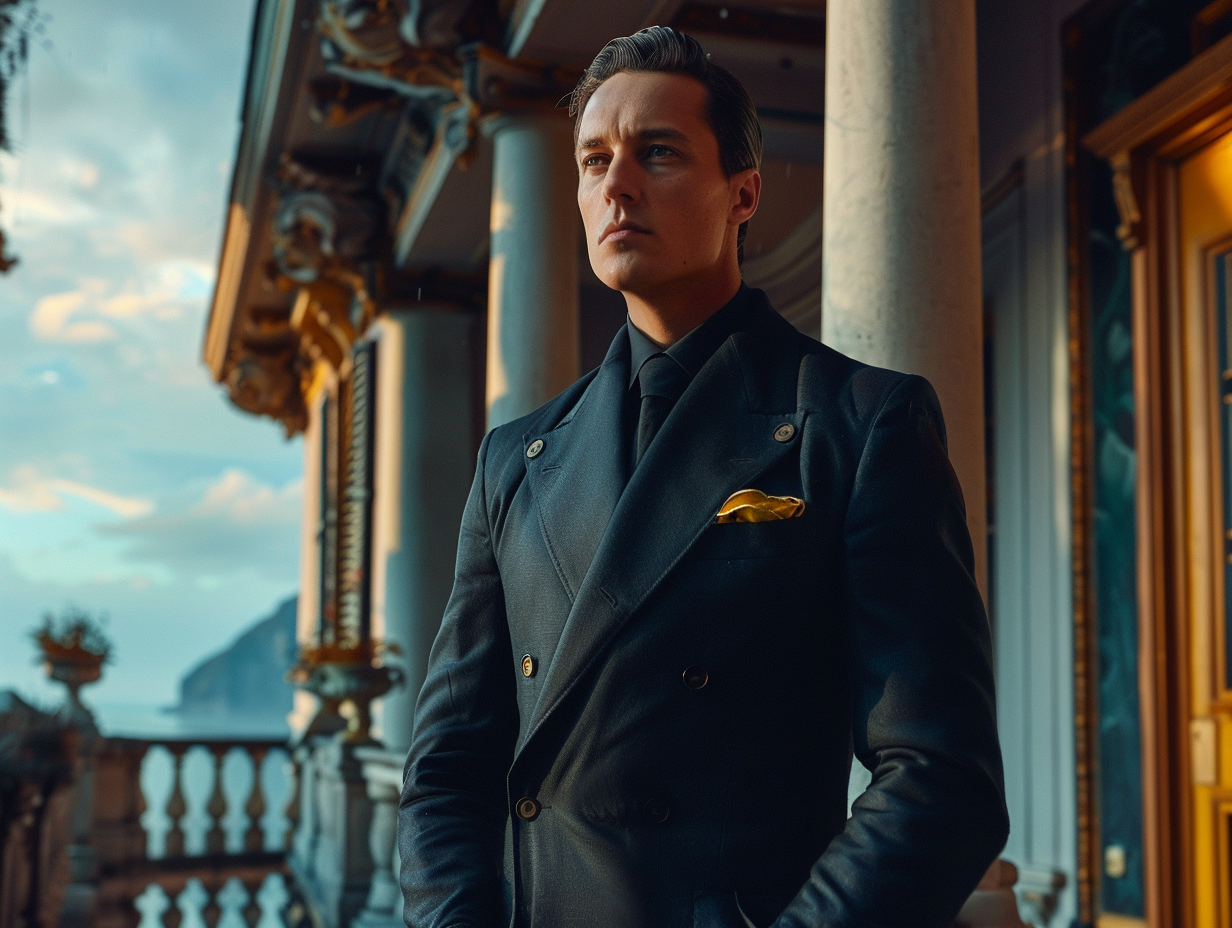 A man in a double-breasted suit jacket featuring two rows of buttons and a broad front overlap, giving a structured, formal appearance. The setting is refined, suggesting a traditional or formal environment.