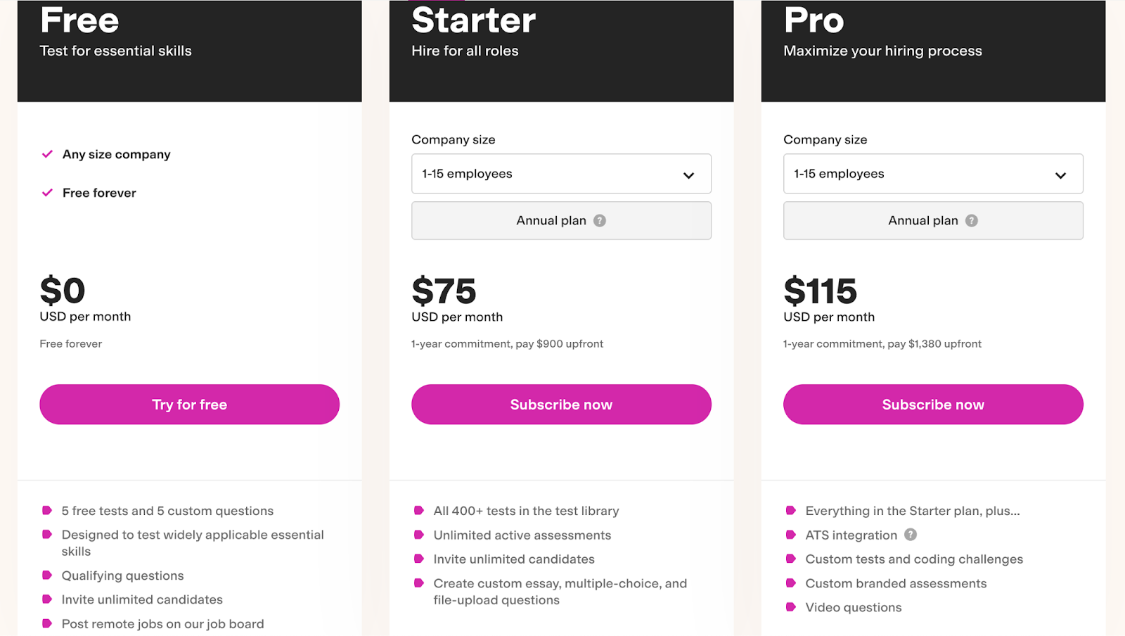 Pricing structure for TestGorilla