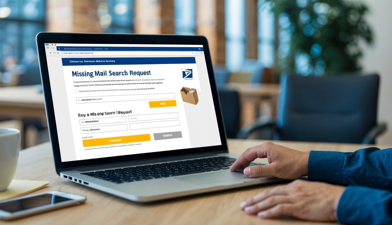 A person filling out a form online, entering package details, and clicking "submit" for a missing mail search request with USPS