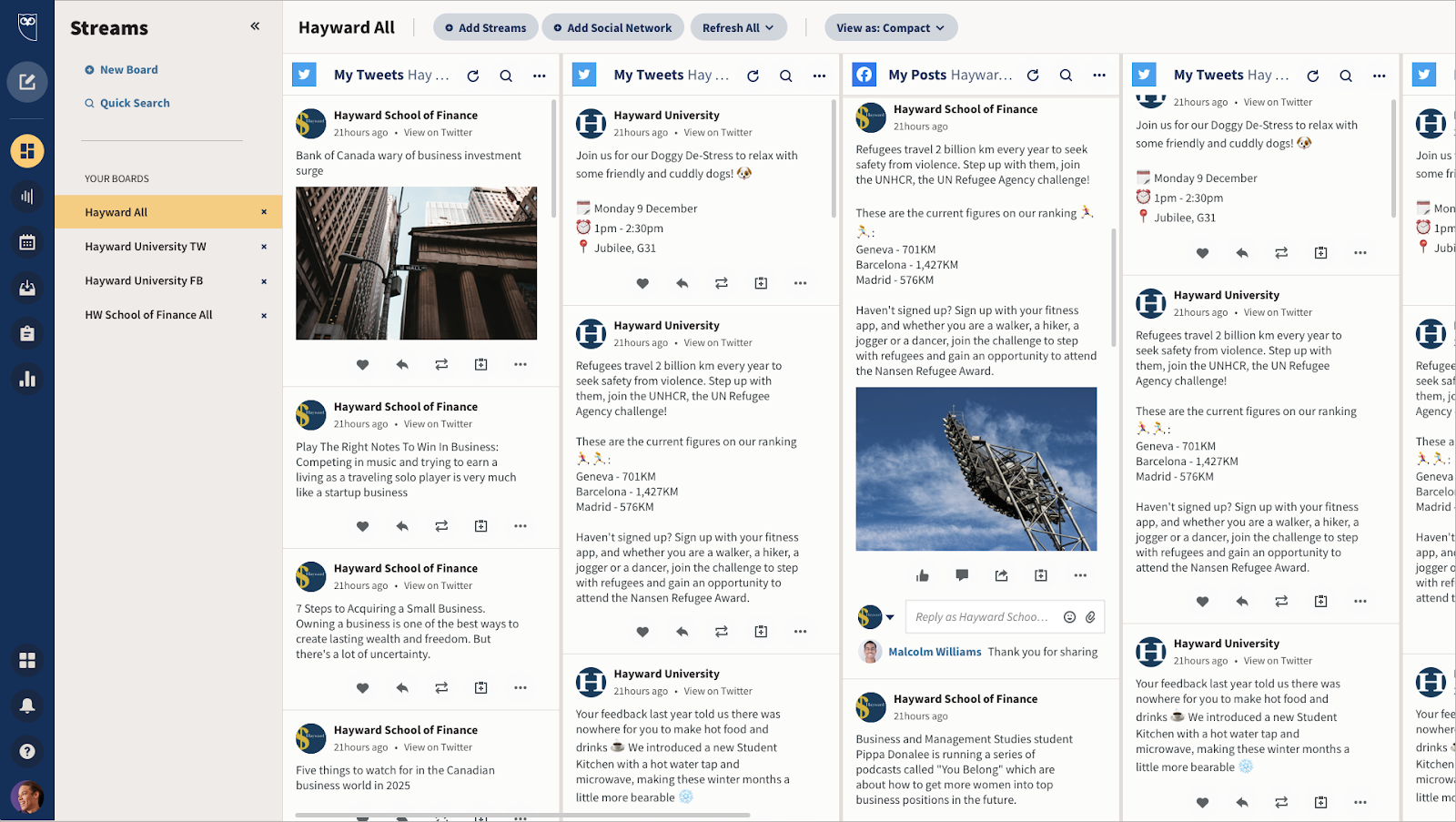 Hootsuite dashboard with scheduled Tweets and Facebook posts