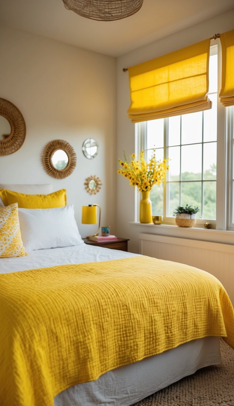 A bright yellow bedspread covers a cozy bedroom with sunny decor