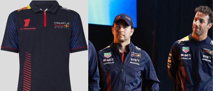 A diptych showing Oracle Red Bull Racing F1 apparel. Left, a polo shirt. Right, two drivers in team jackets and caps.