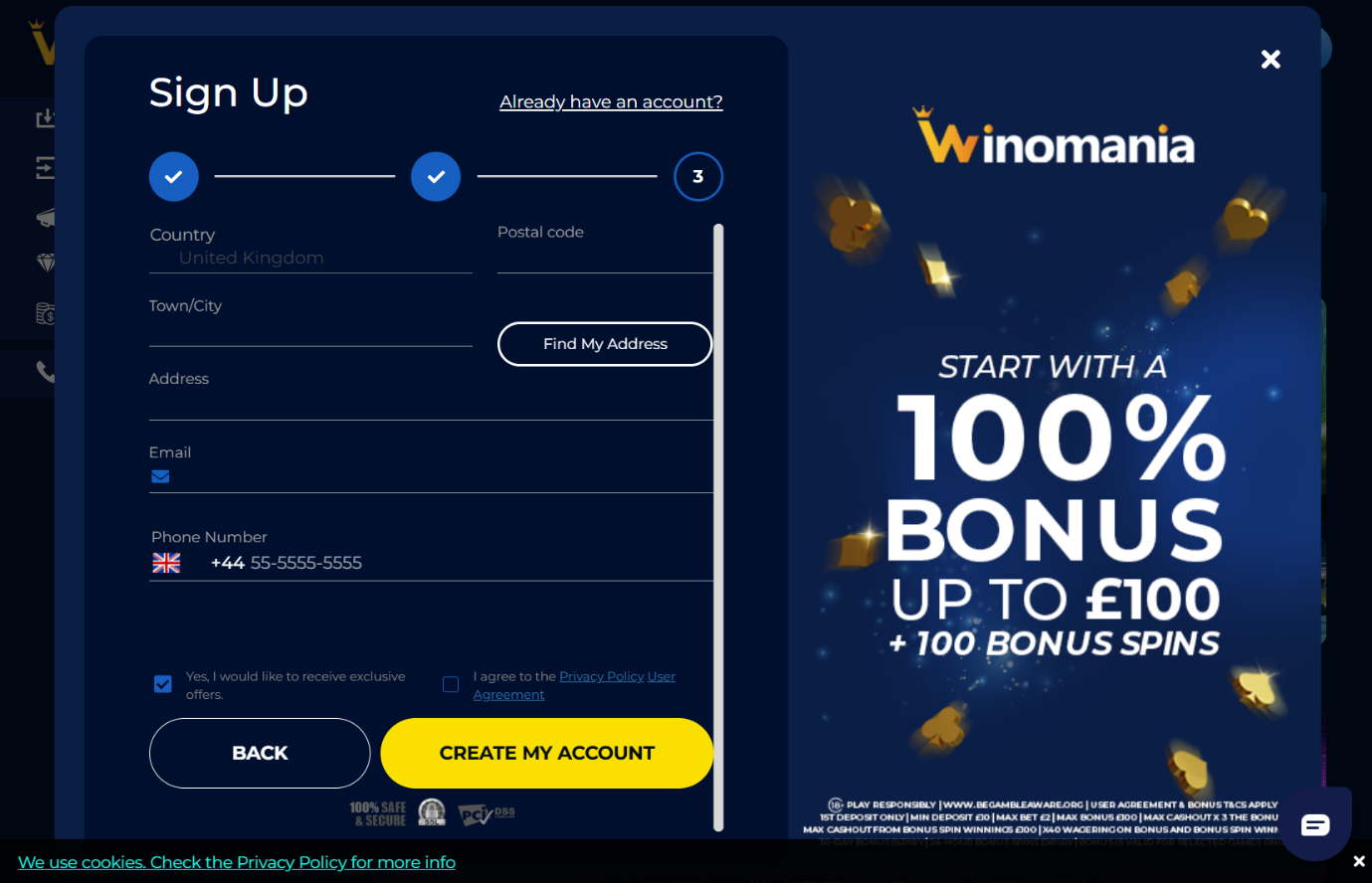 Winomania casino sign up - step three