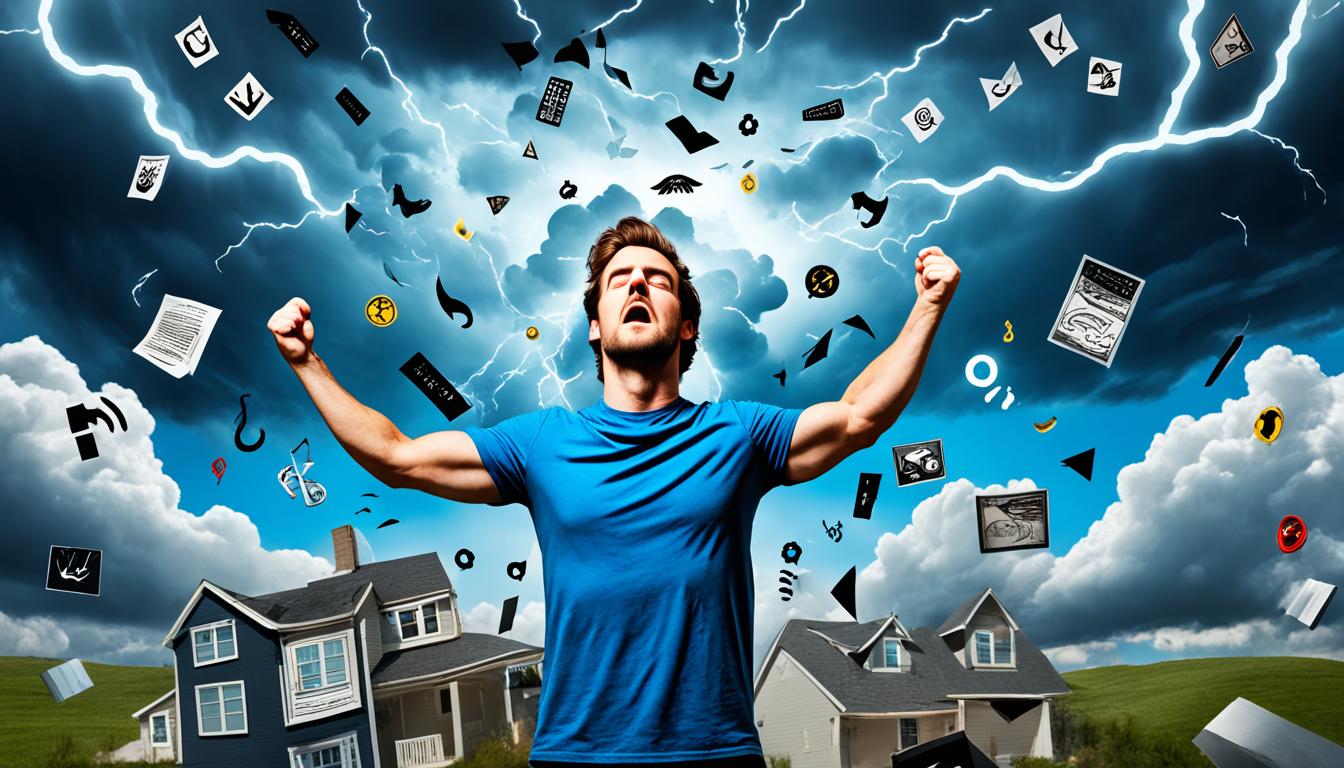 Visualize a dark thunderstorm cloud hovering over a person, as they stand with their arms outstretched and their eyes closed in concentration. The person is surrounded by symbols of the unwanted outcome they seek to prevent, such as broken mirrors, upside-down horseshoes, and black cats. As they focus their energy, the storm cloud begins to dissipate, revealing a clear blue sky above them. The symbols of misfortune around them start to disappear, replaced by objects and signs of good luck and positivity, such as four-leaf clovers and shooting stars. The person's expression changes from one of intense concentration to one of relief and contentment.