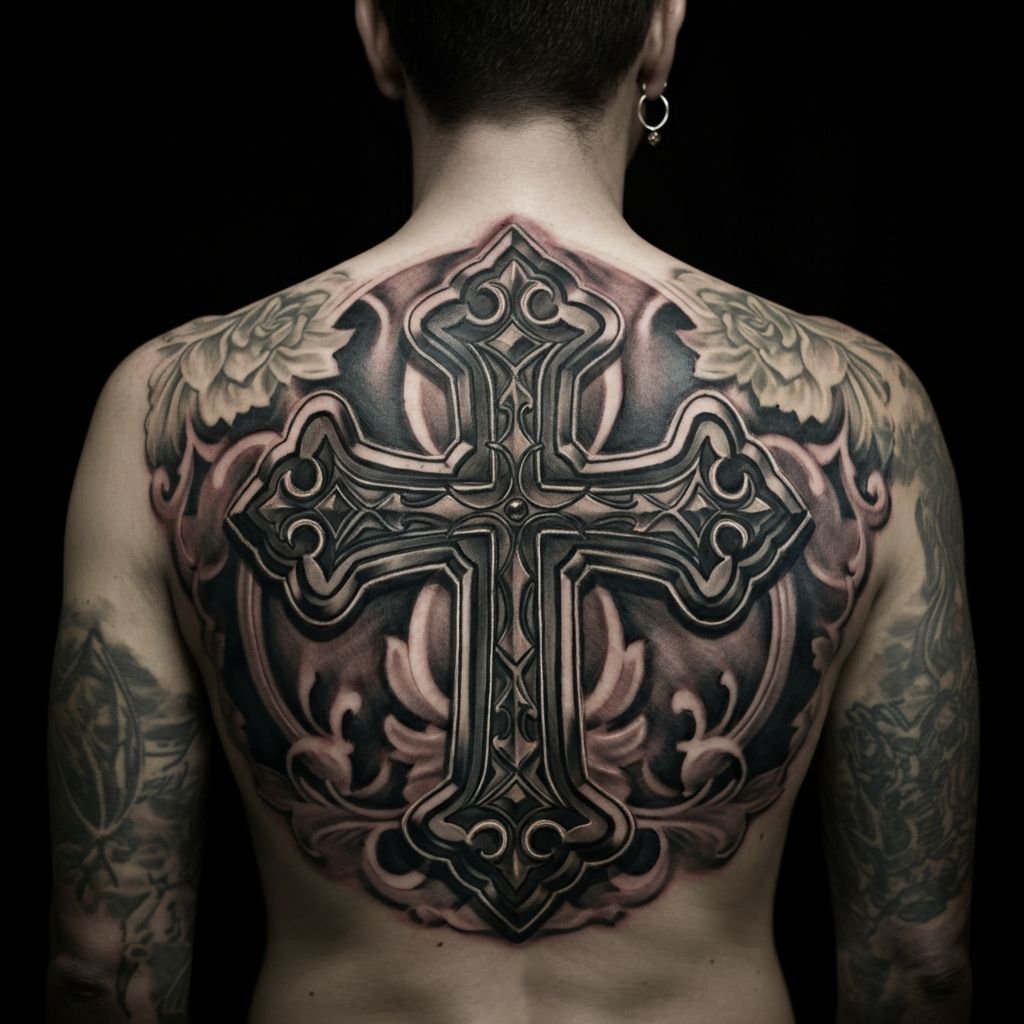 Cross with Flowers Tattoo on back