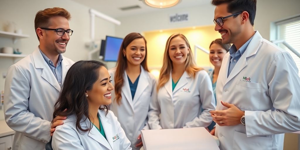 Dental team smiling in a bright, welcoming office.