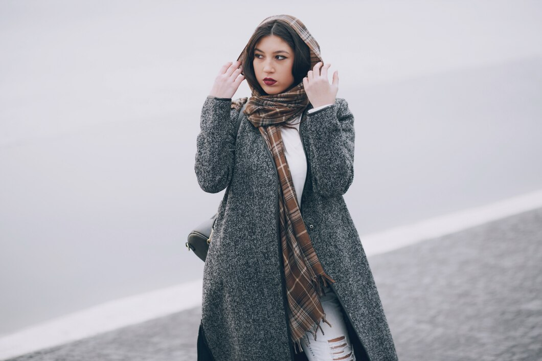 A woman wearing a gray wool coat