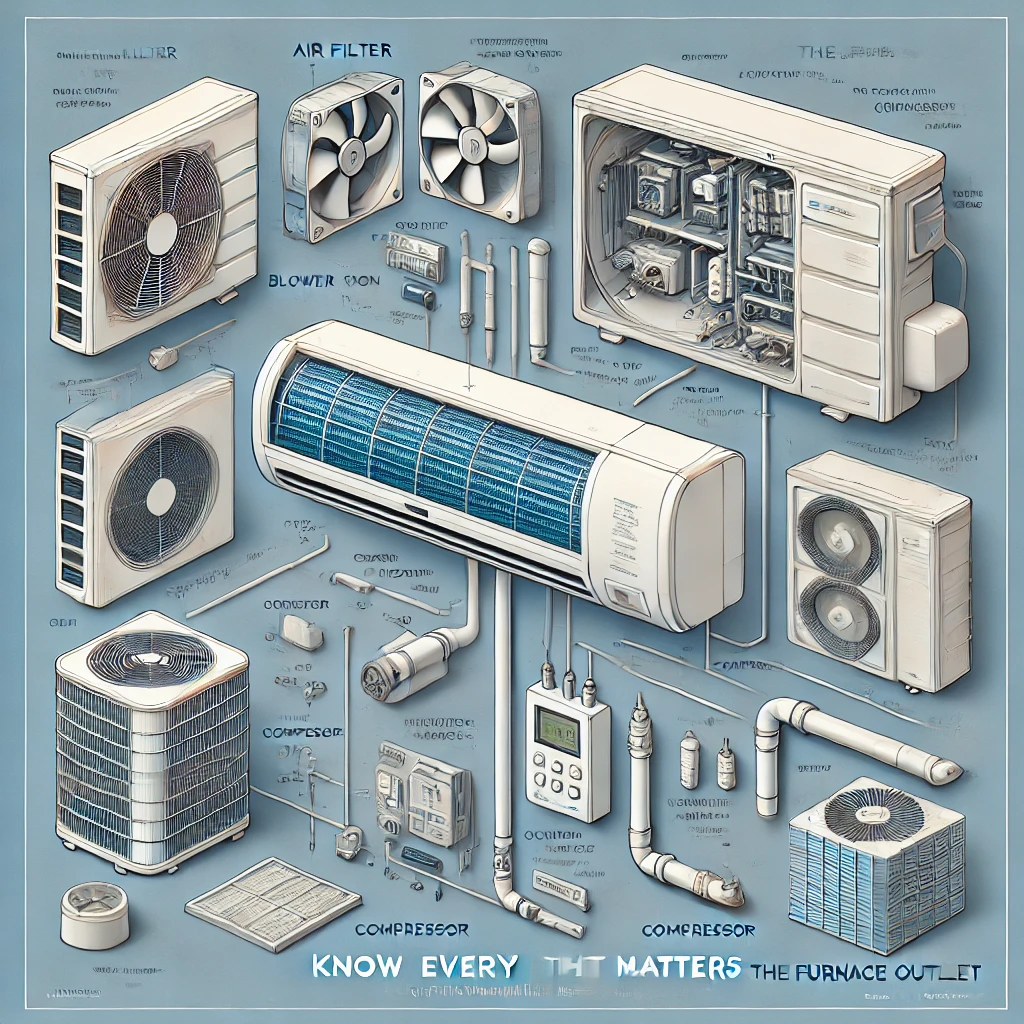 Exploded diagram of ductless mini-split system showing internal components with labeled parts