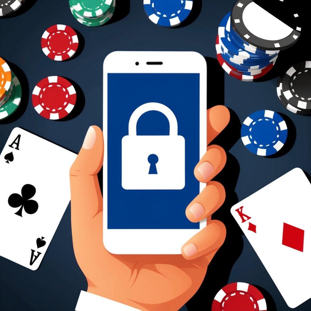 A hand holding a smartphone with a padlock symbol on the screen, surrounded by casino chips and playing cards