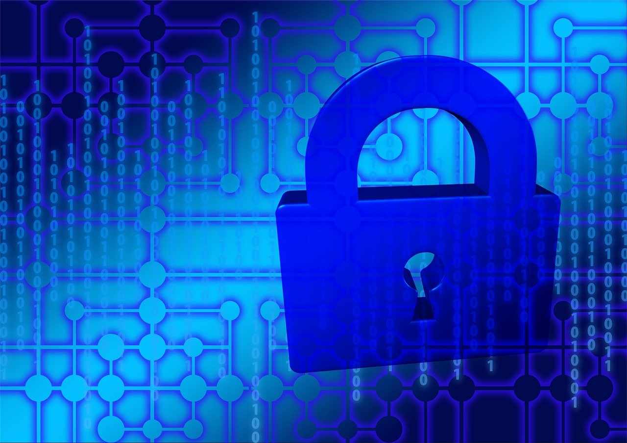 A digital illustration of a blue padlock against a background of binary code and network connections.