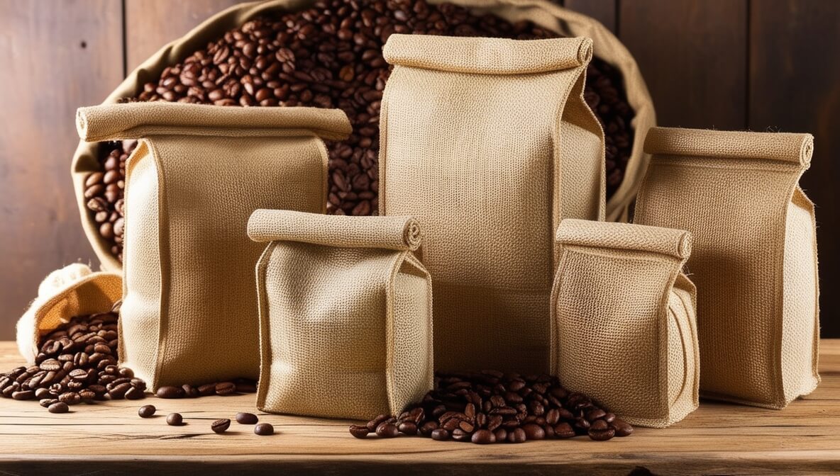 A group of burlap coffee bags of varying sizes, arranged on a wooden table. A larger burlap sack filled with coffee beans is visible in the background, and scattered coffee beans are around the bags.