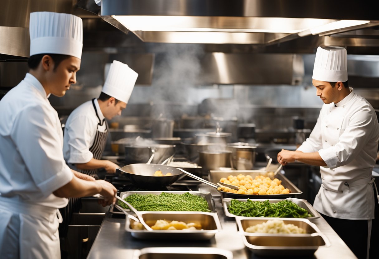 A busy restaurant kitchen with chefs cooking and waitstaff training