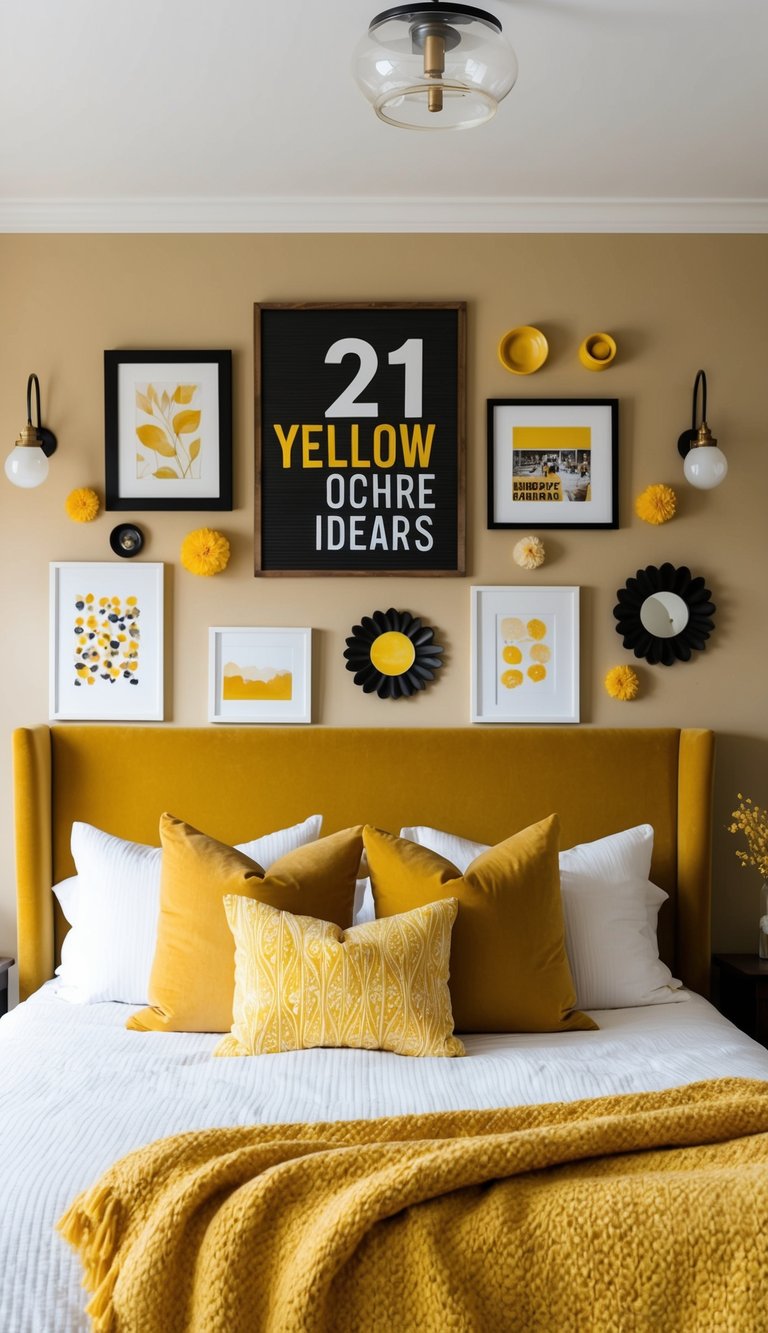 A cozy bedroom with a yellow ochre headboard, adorned with 21 yellow-themed decor ideas