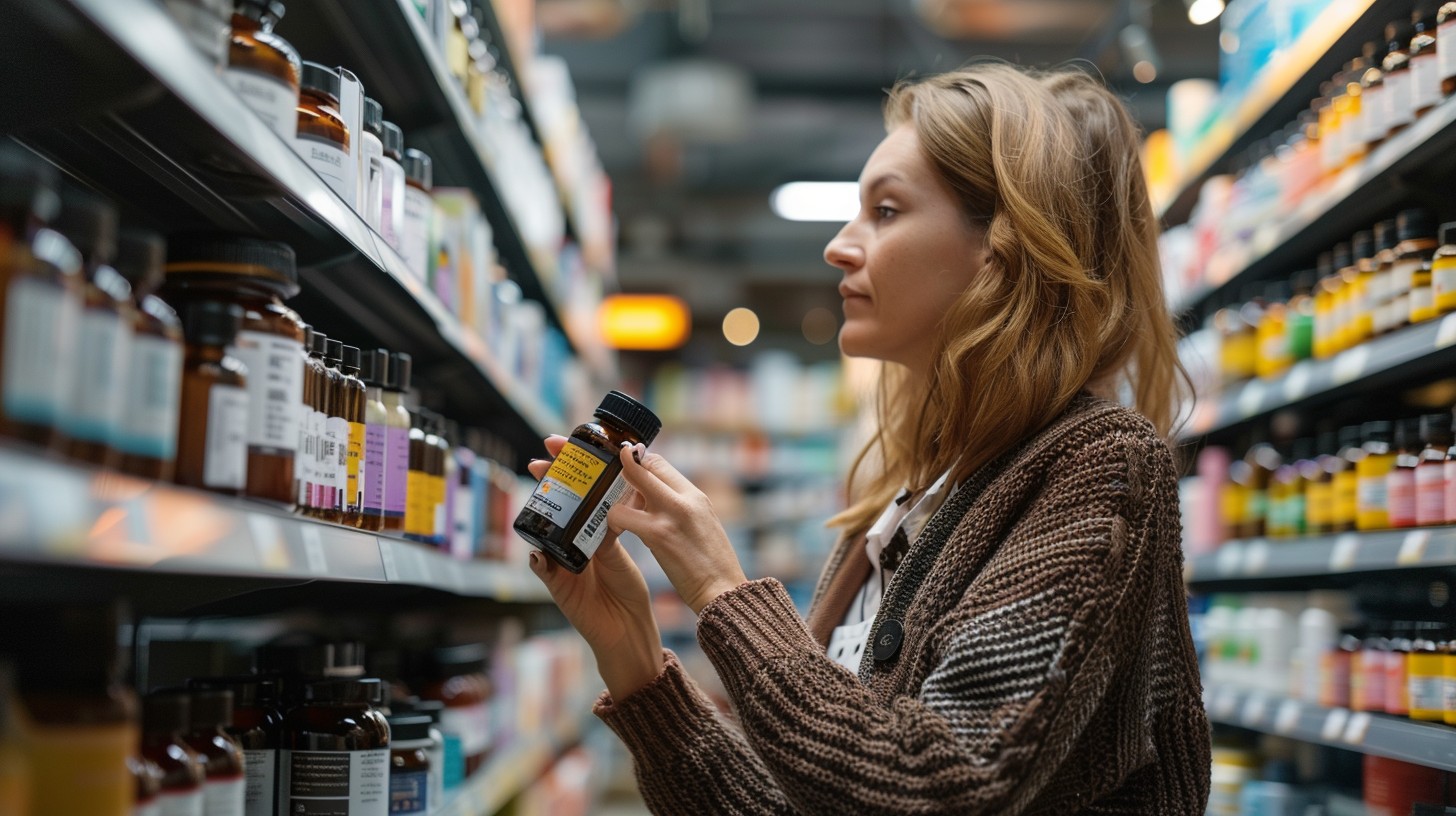 buying serums, medicine in supermarket, skin care products