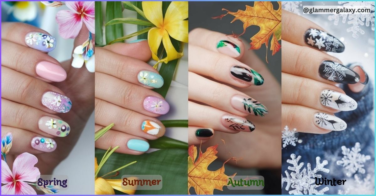 Four images of nails painted with seasonal designs labeled Spring, Summer, Autumn, Winter.