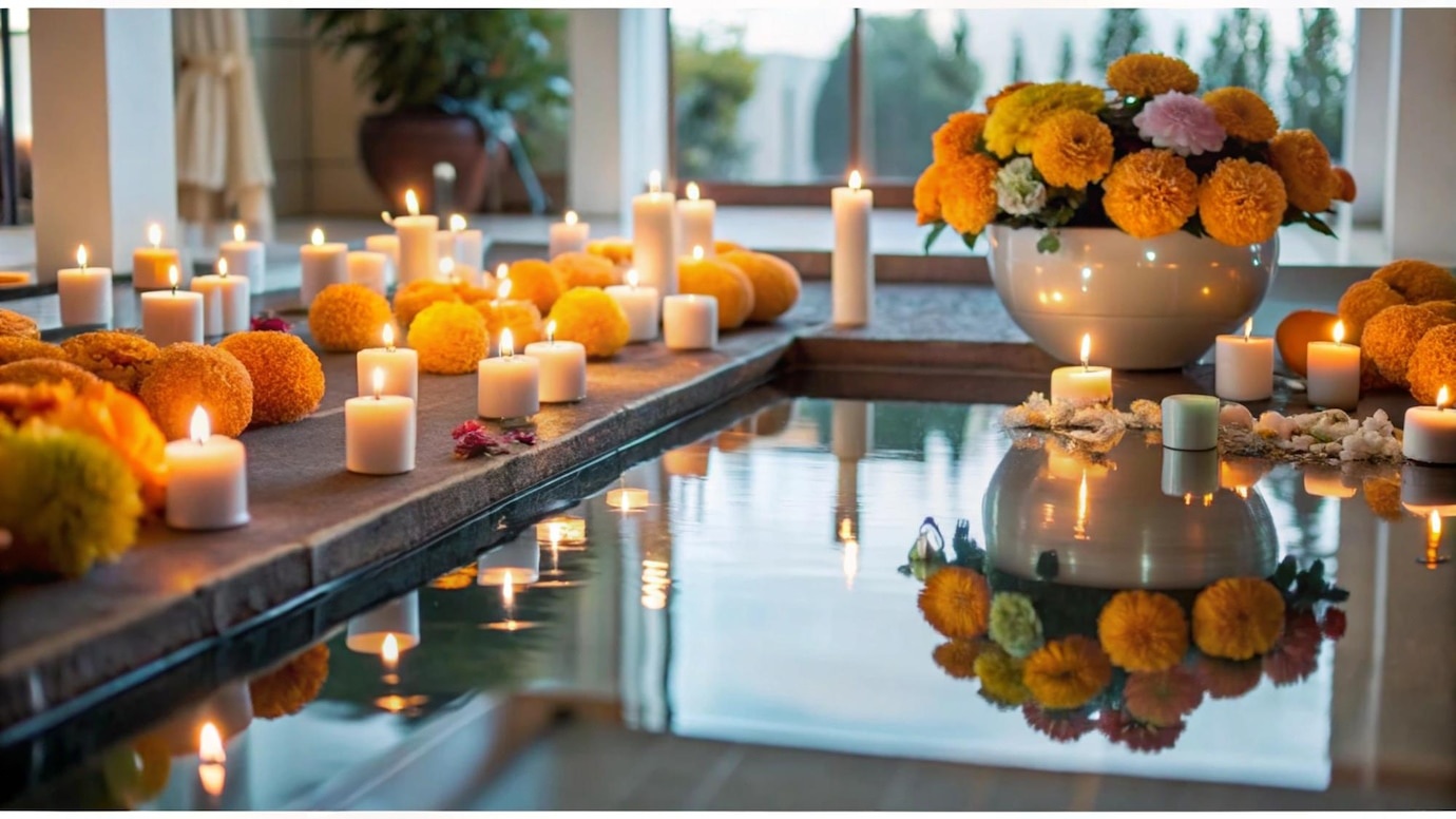 Elegant floating candles glowing in clear glass vases, enhancing a romantic wedding table setting with soft, ambient light.