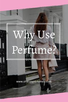 This may contain: a woman walking down the street with text overlay that reads why use perfume?