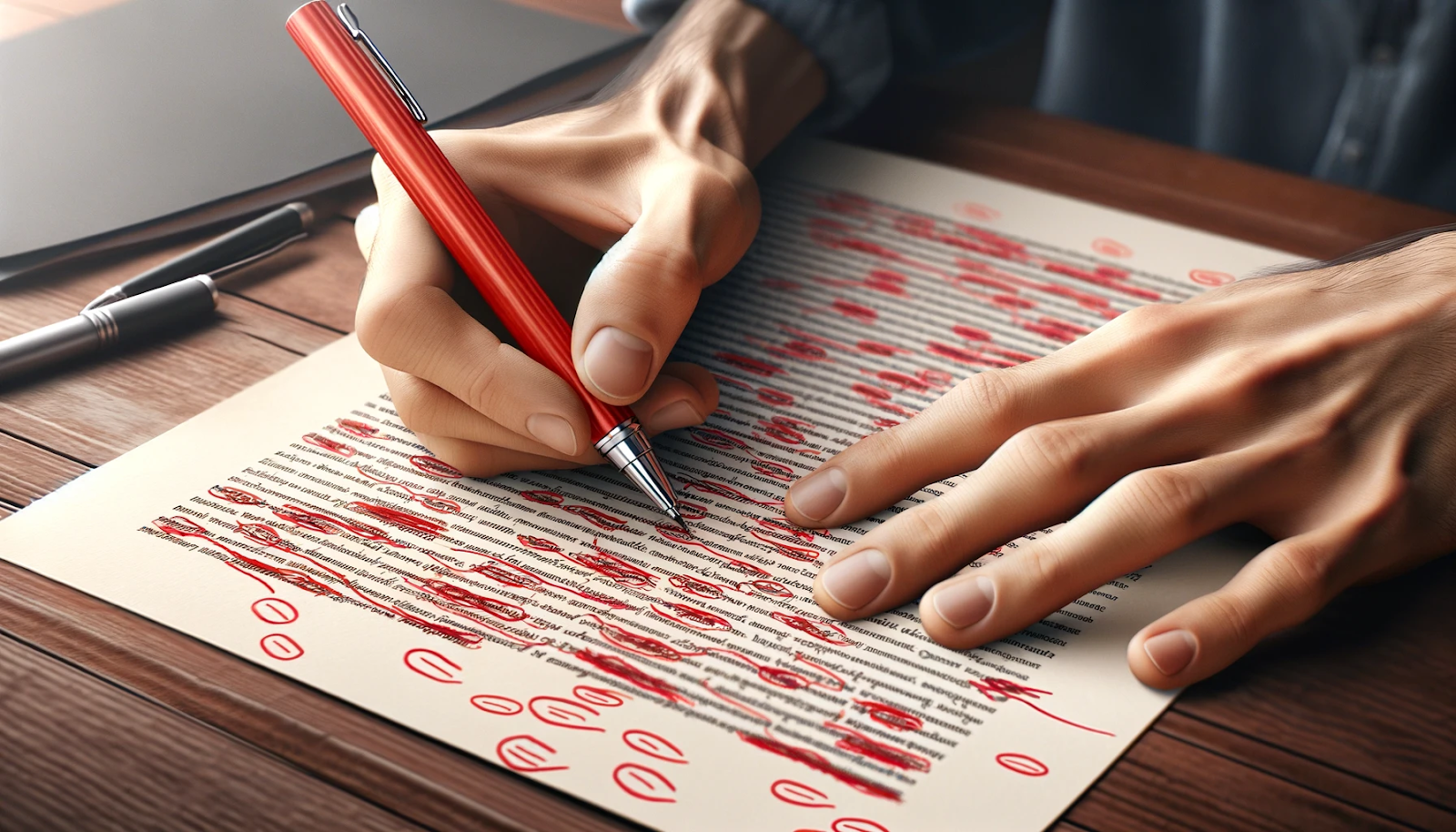 A close-up of hands editing a document with a red pen, marking extensive corrections on the text.