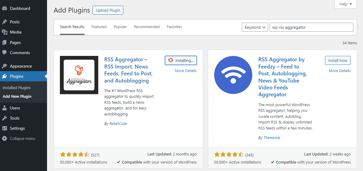 WP RSS Aggregator plugin in a WordPress dashboard