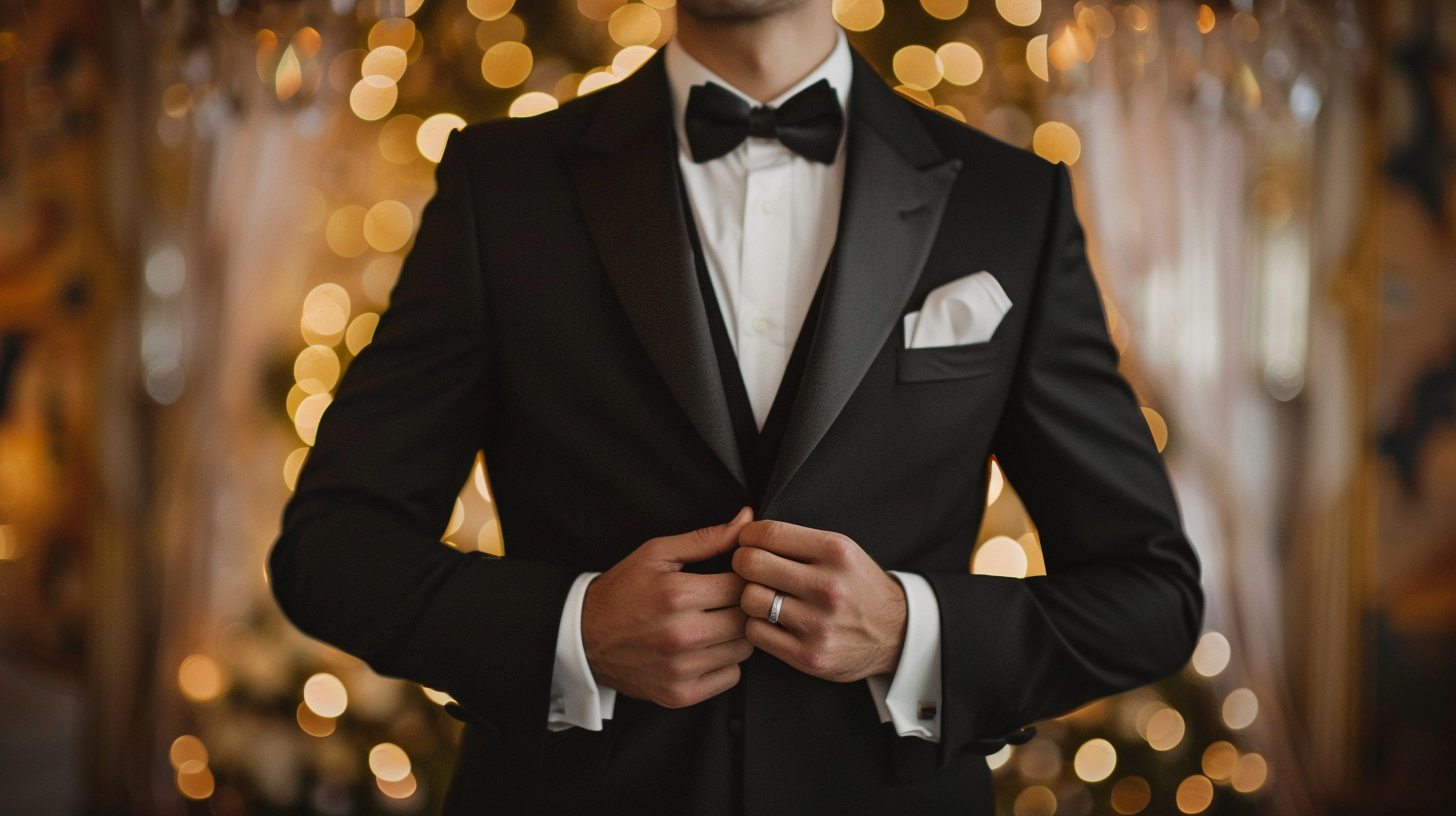 Man in black tuxedo with satin lapels, white dress shirt, black bow tie, shiny black shoes, black-tie wedding setting with evening lighting or chandelier background, very formal style