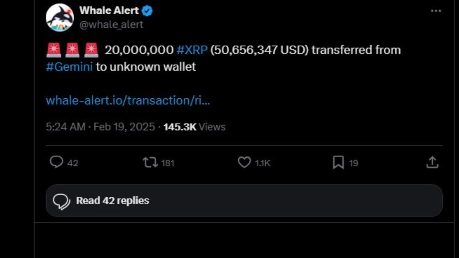 Report from Whale Alert about the movement of 20 million XRP tokens from Gemini Exchange via X