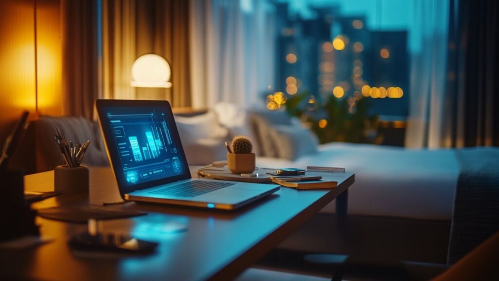 Digital itinerary maker displayed on a laptop screen in a hotel room
