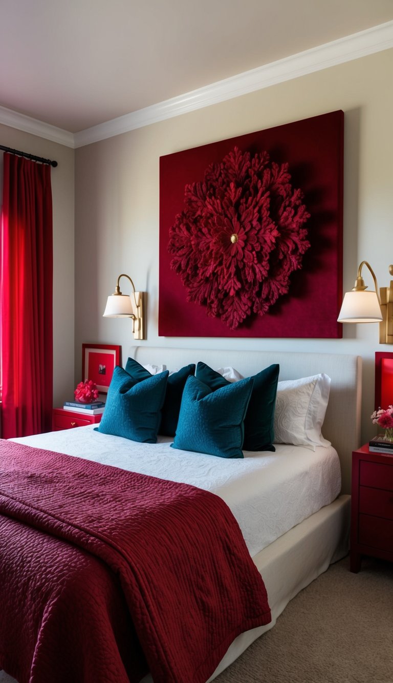 A cozy bedroom with a large garnet-colored wall art as the focal point, surrounded by red accents and decor throughout the room