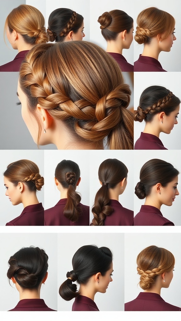 A collage of half-braided updo hairstyles suitable for flight attendants, showcasing various styles and techniques.