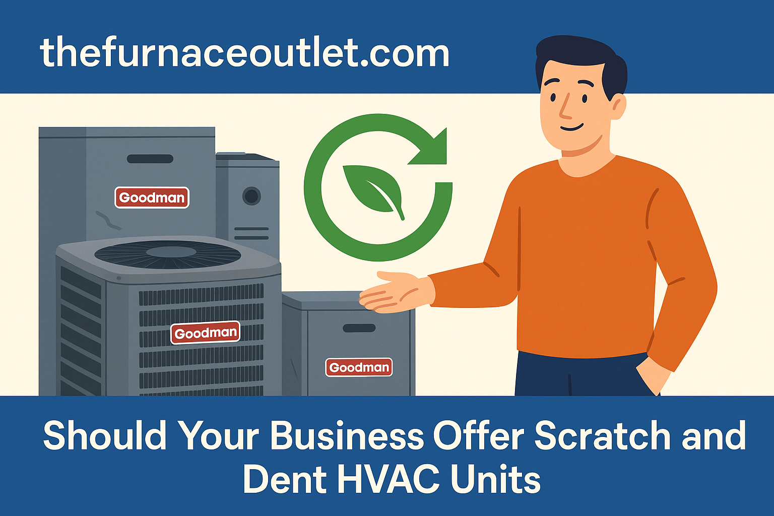 A flat-style digital illustration advertisement for TheFurnaceOutlet.com features a man presenting several Goodman HVAC units with minor damage, framed by a green eco-friendly icon, promoting the strategic value of offering scratch and dent products.