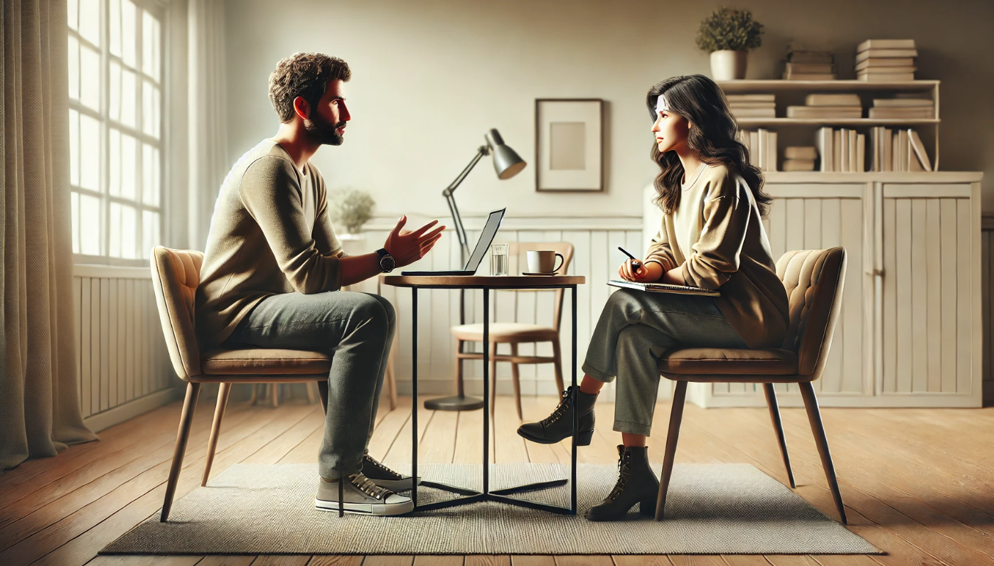 A man and a woman sit across from each other in a cozy, well-lit room, engaged in a thoughtful discussion, with notebooks and a laptop on the table.