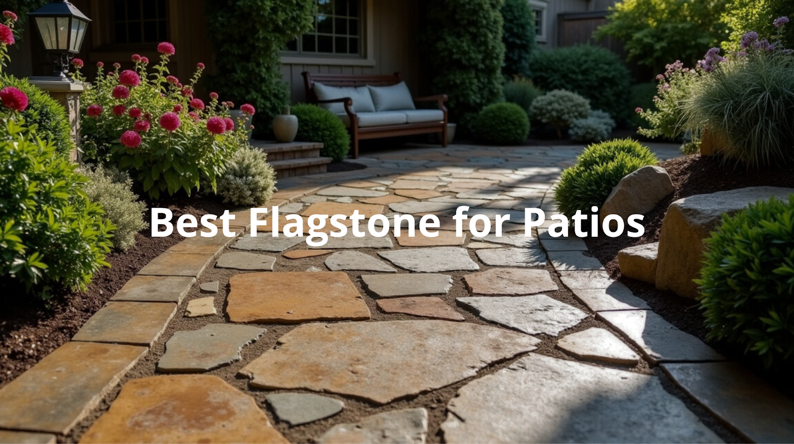 Charming flagstone patio with a variety of colorful plantings and a cozy outdoor seating area, creating a welcoming outdoor living space.
