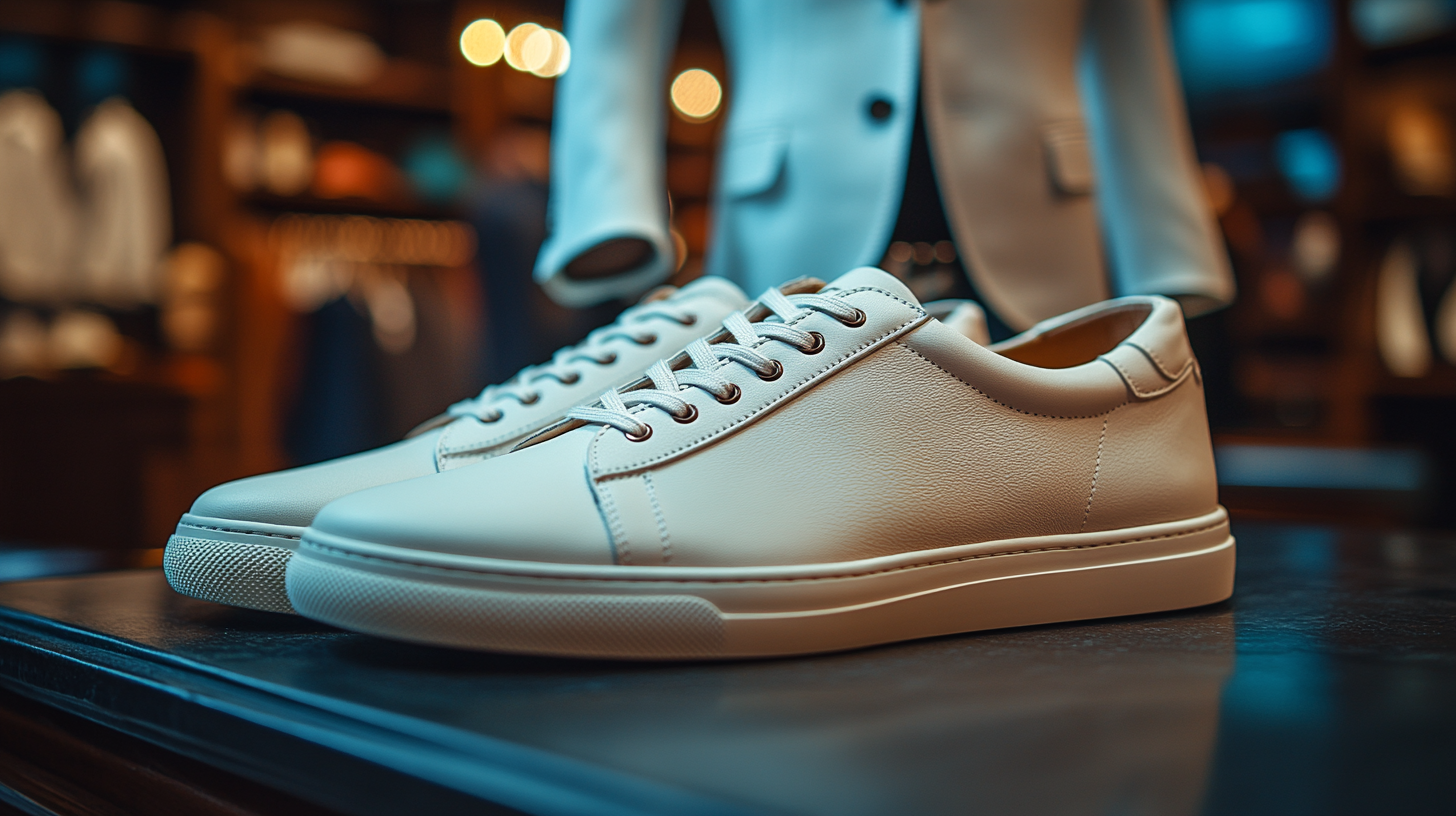 A pair of minimalist sneakers with a clean, white leather design, placed on a smooth, dark surface. In the blurred background, a white suit is elegantly hung on a mannequin, highlighting the contrast between the simplicity of the sneakers and the sophistication of the suit.