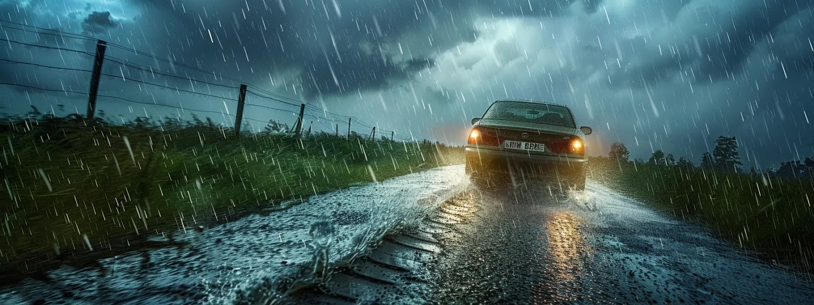 a car driving through a storm in oklahoma, highlighting the need for seasonal adjustments in car insurance coverage.