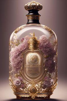 This may contain: an ornate bottle with pink flowers in the top and gold trimmings on it