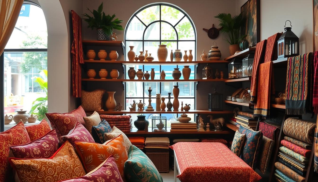 A cozy, well-lit shop interior showcasing an array of vibrant Malaysian batik textiles and home decor items. In the foreground, a display of intricately patterned batik cushions, throws, and table runners in a range of warm, earthy hues. In the middle ground, wooden shelves showcase hand-carved batik-inspired figurines, ceramic vases, and metal lanterns. The background features a tall, arched window through which lush greenery and a bustling street scene can be glimpsed, creating a sense of place. The overall atmosphere is one of cultural richness, craftsmanship, and thoughtfully curated, artisanal Malaysian design.