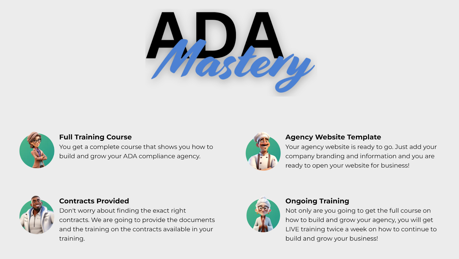 A screenshot showing the ADA Mastery training program learning outcomes.